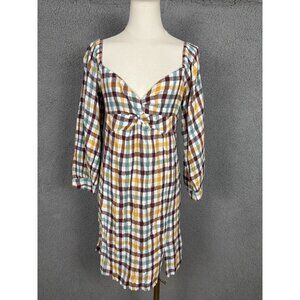 Roxy Juniors' Women's V-Neck Peasant Mini Dress Plaid Multicolor Size LgNWTs